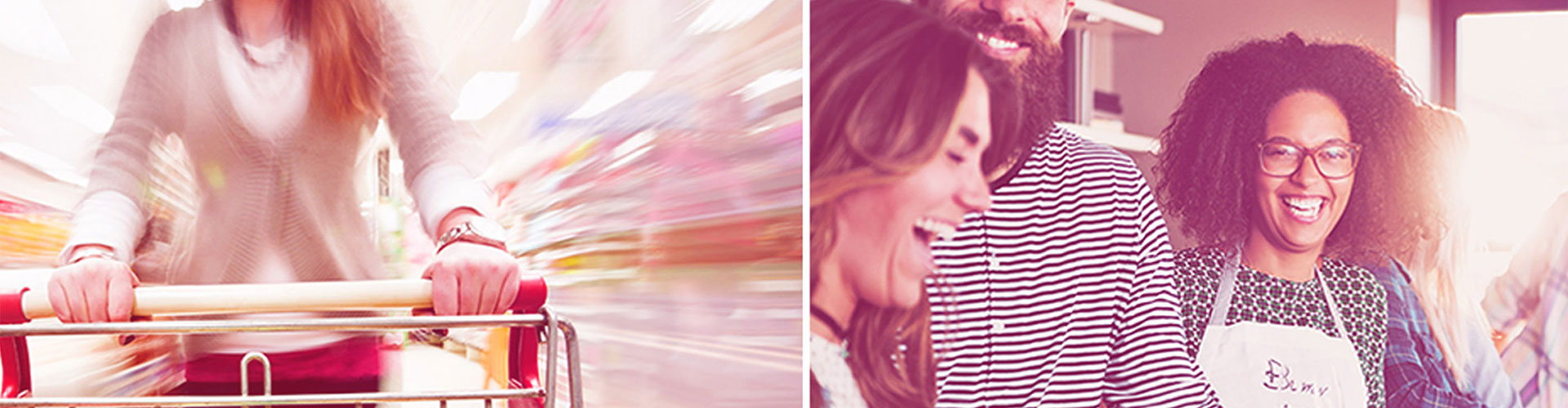Blog banner featuring woman with shopping cart in one side and smiling people at a cooking class on the other side