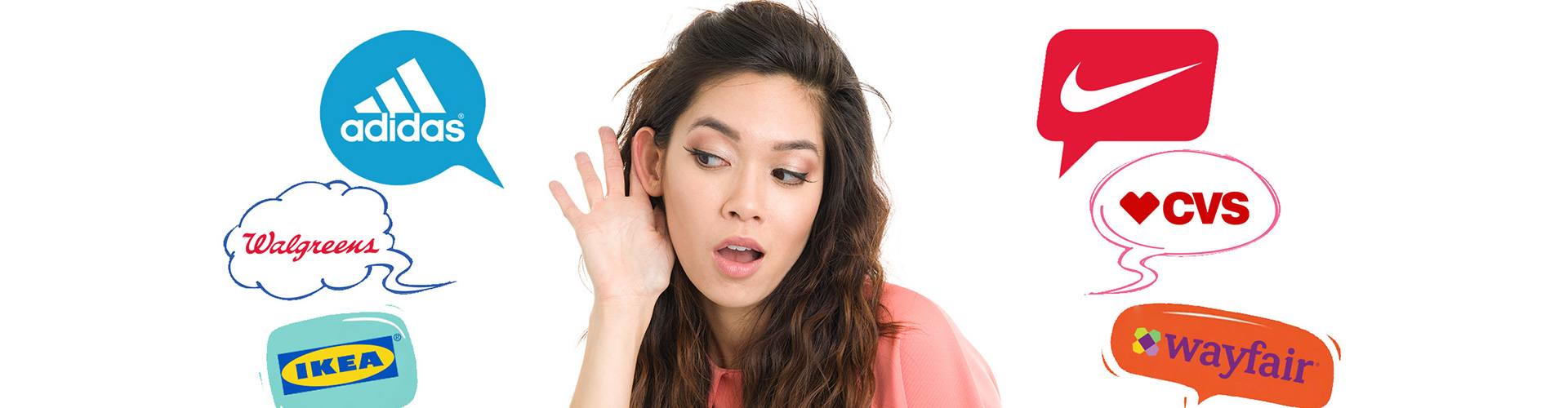 Blog banner featuring woman with her hand behind her ear leaning towards speech bubbles containing retailer logos