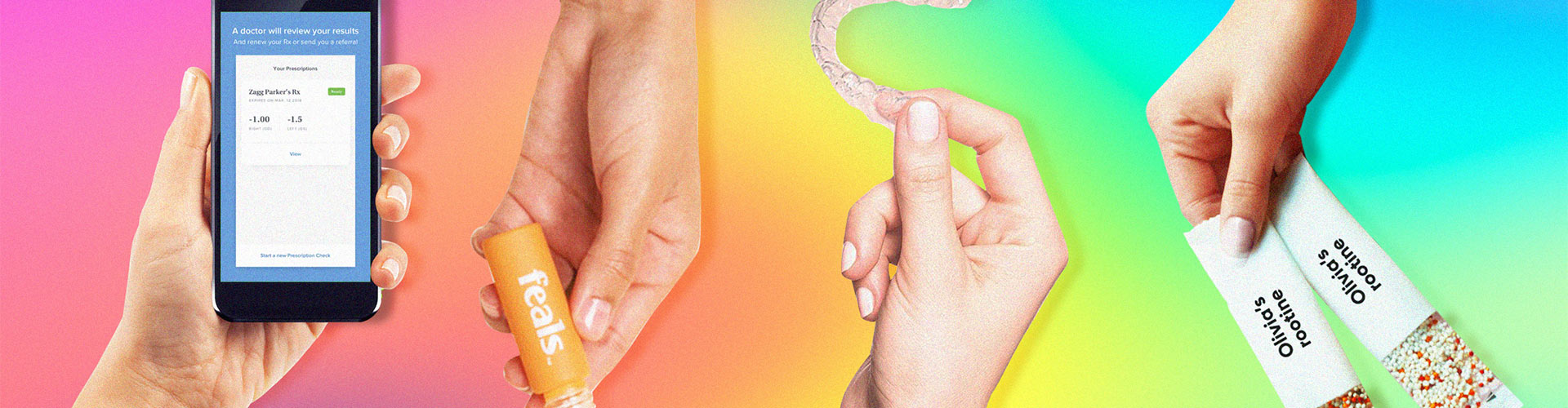 Blog banner featuring four different hands holding different modern self-care products
