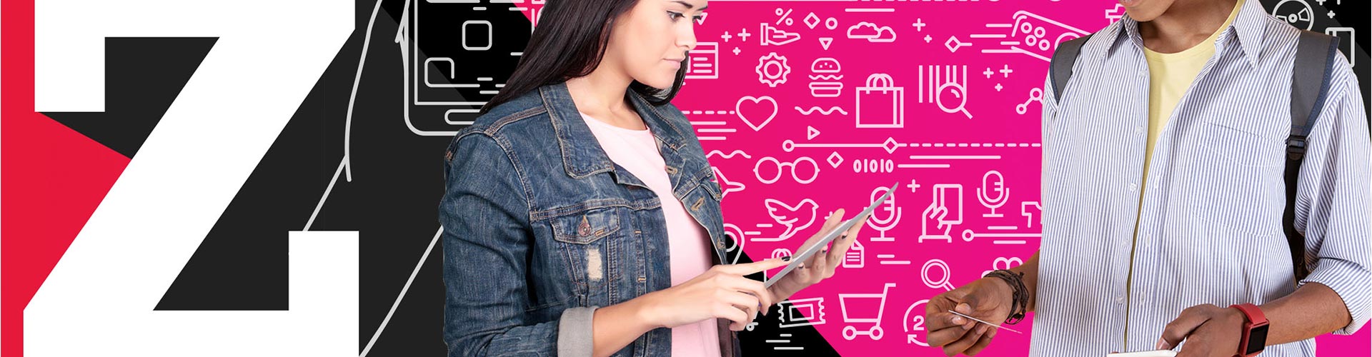 Blog banner featuring two Gen Z teens on their mobile devices with tech icons in the background