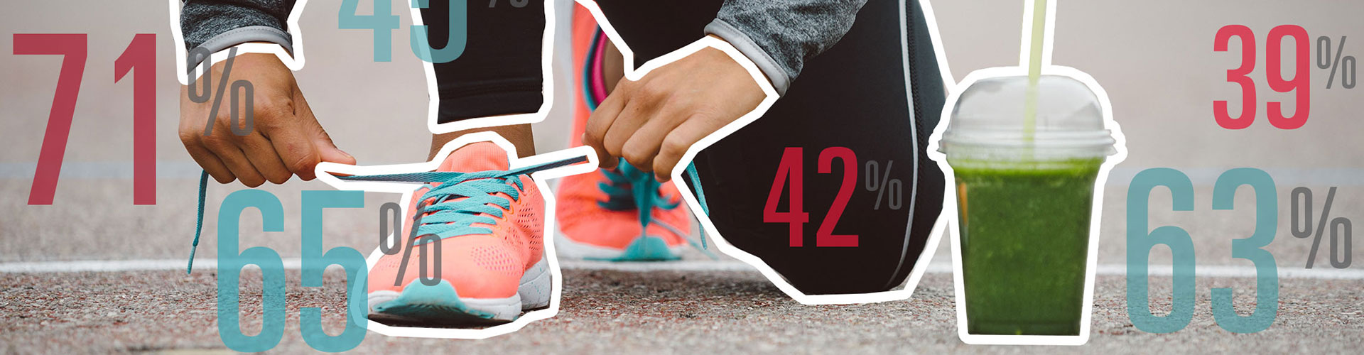 Blog banner featuring jogger tying their shoelace, green smoothie next to them, and floating percentages