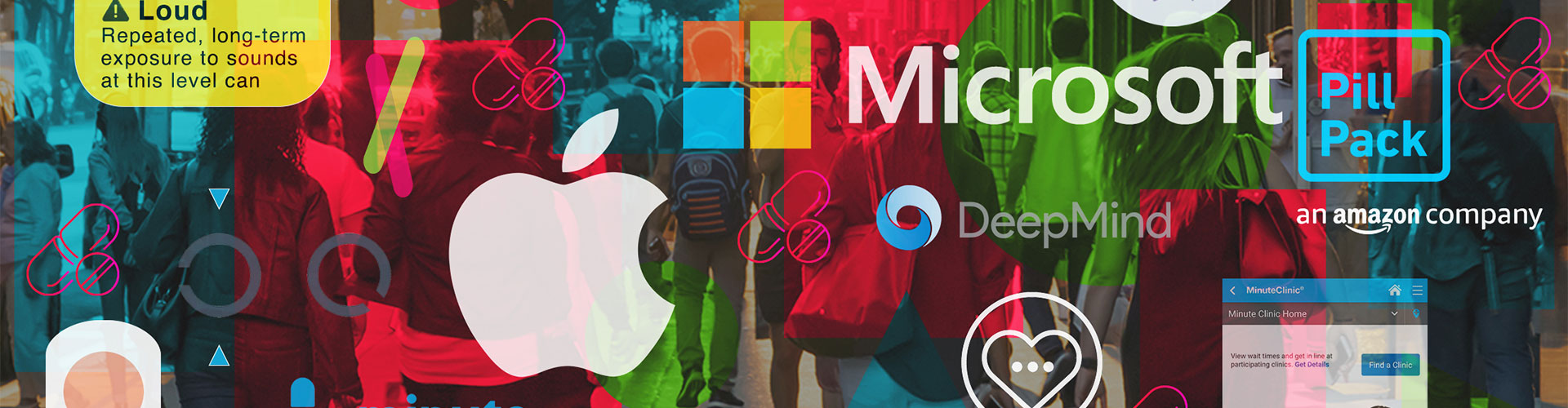 Apple, Google, are the New Authorities in Healthcare blog banner featuring colorful collage of tech and retail companies