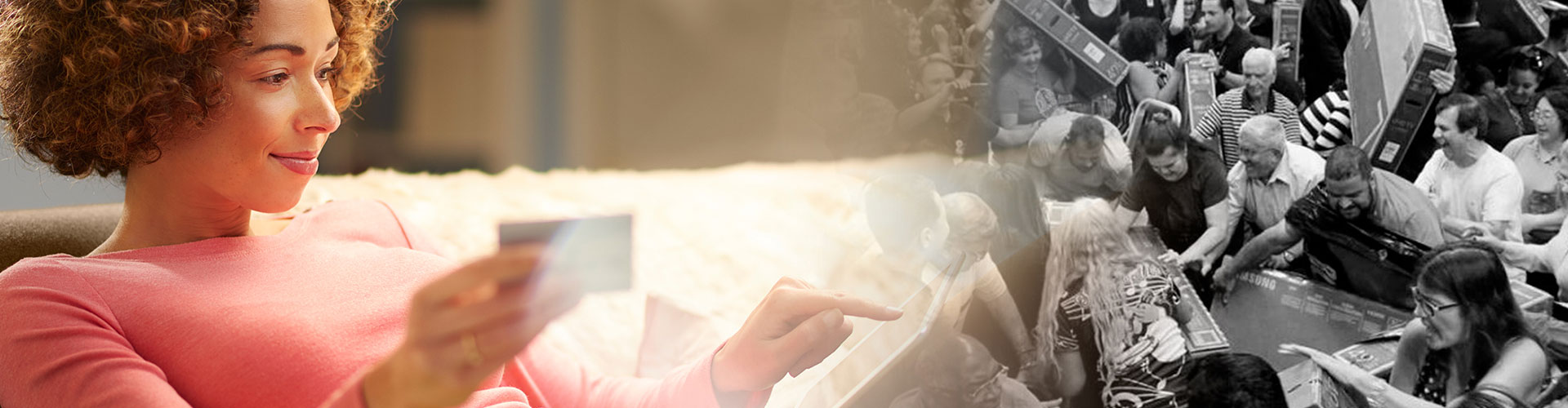 Holiday Shopper Talk: Shoppers Call Off Black Friday blog banner featuring collage of woman shopping at home on her laptop next to an image of Black Friday mob shoppers