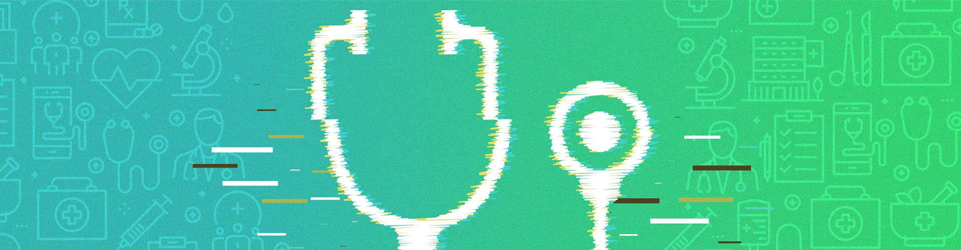 A Peek Into the Health Store of the Future blog banner featuring green and blue background with vector illustration of stethoscope and other medical icons