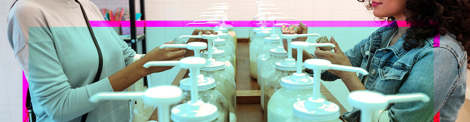 Find Out How Retailers are Eliminating Packaging blog banner featuring two young ladies refilling bottles at a refill station in store