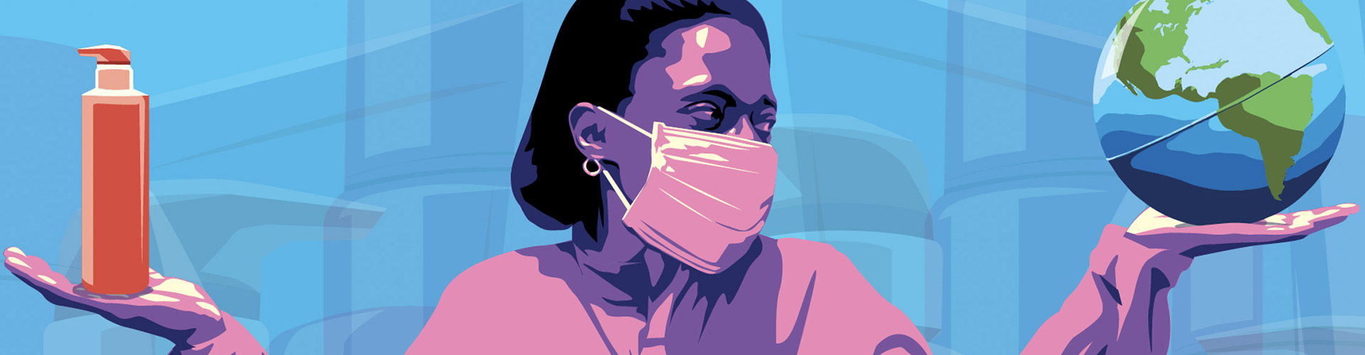 How Coronavirus Could Change Beauty’s Commitment to Sustainability blog banner featuring vector illustration of young masked woman holding a globe and shrugging