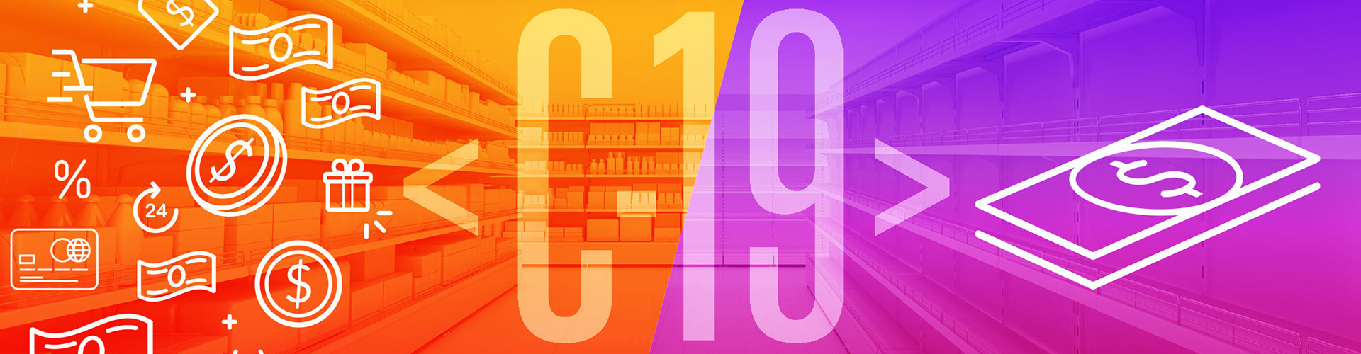 WSL Predicts Shopper Behavior Based on Past Crises blog banner featuring split vector illustration with coin and online shopping icons on one side and a stick of bills on the other side with C-19 overlaid on top