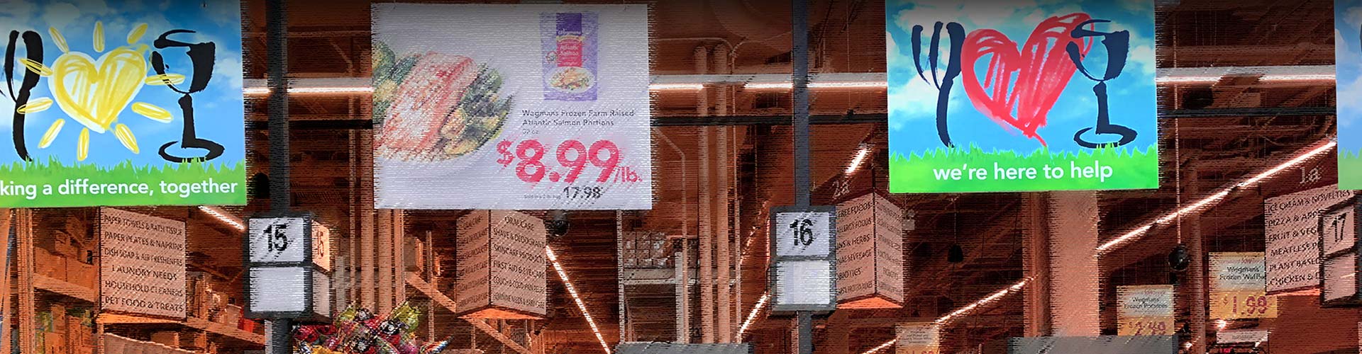 4 Steps to Win Shoppers by Showing You Care blog banner featuring check out registers with posters hanging above about helping and making a difference together