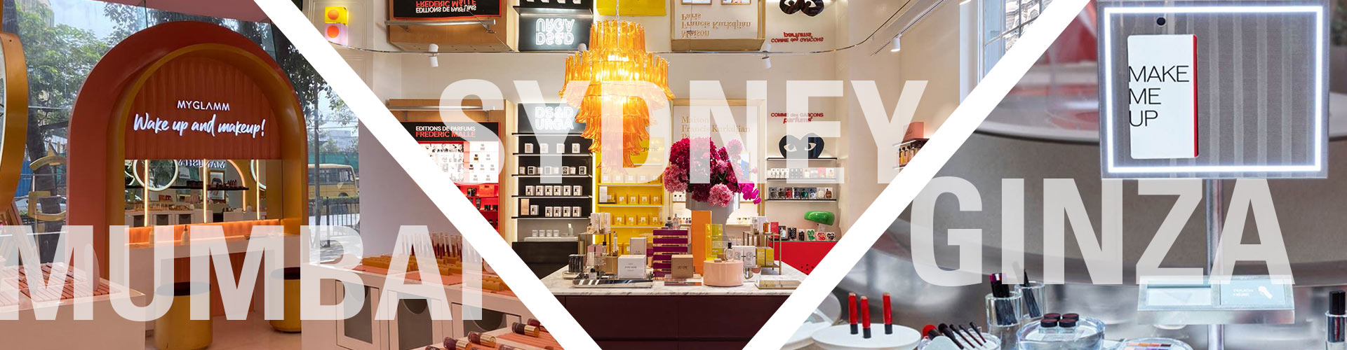 Collage of beauty stores in Mumbai, Sydney, and Ginza - banner