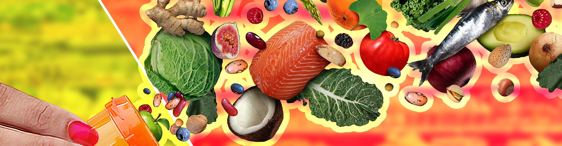 Health foods pouring out from a medication bottle - banner