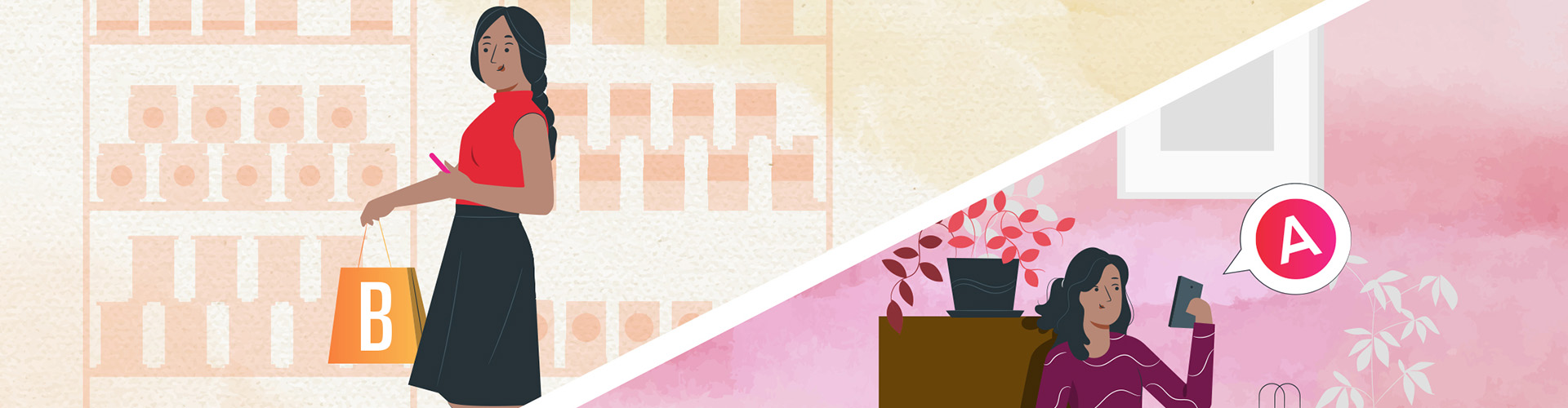 Vector illustration of two women and a and b ways of shopping - banner