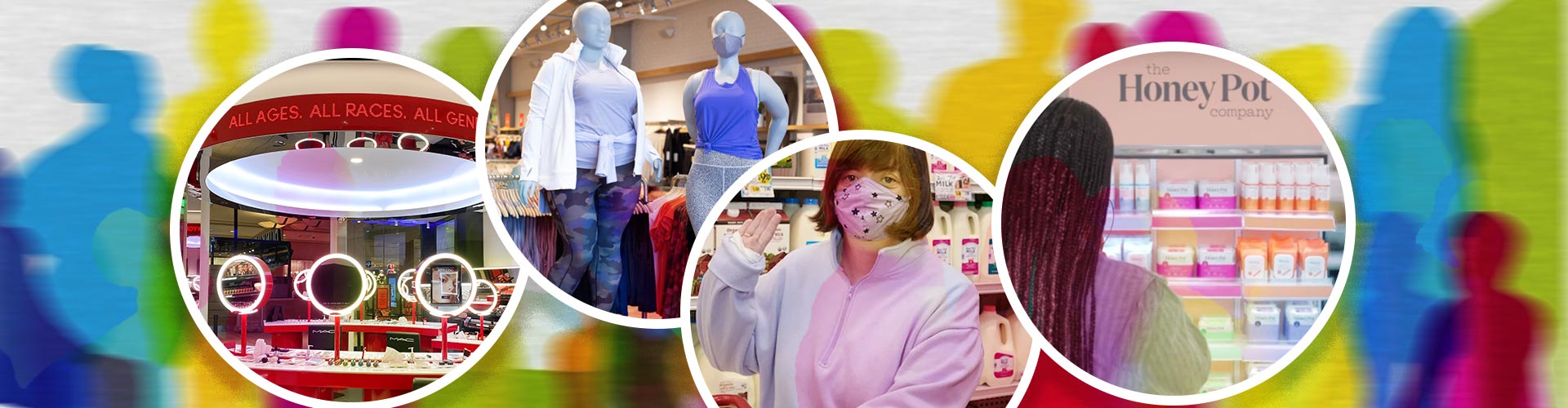 Rainbow colored people silhouettes behind circular images of inclusive retail examples - banner