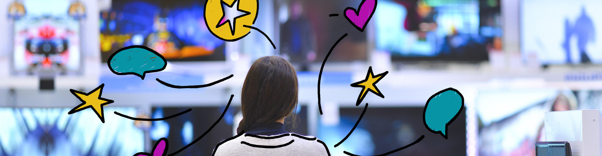 Back of a woman's head with colorful thinking and star icons around her - banner