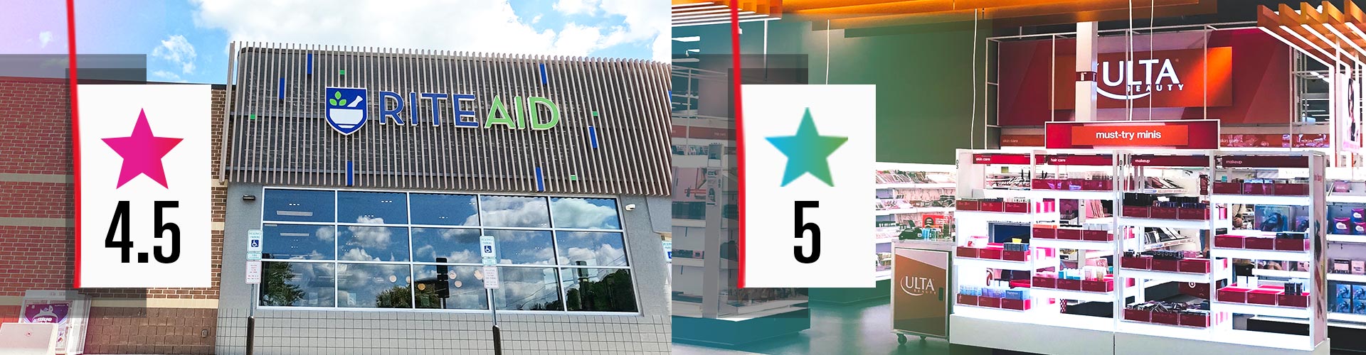 Banner featuring Ulta x Target, RiteAid, Mecca, and Nordstrom stores and their customer star ratings