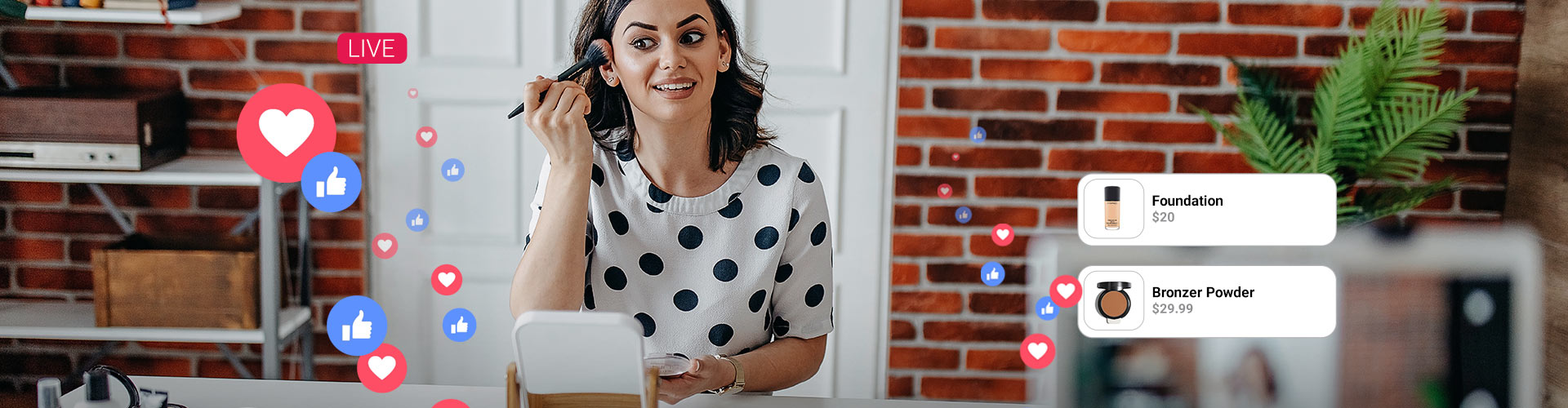 Young woman live steaming makeup products on social media banner
