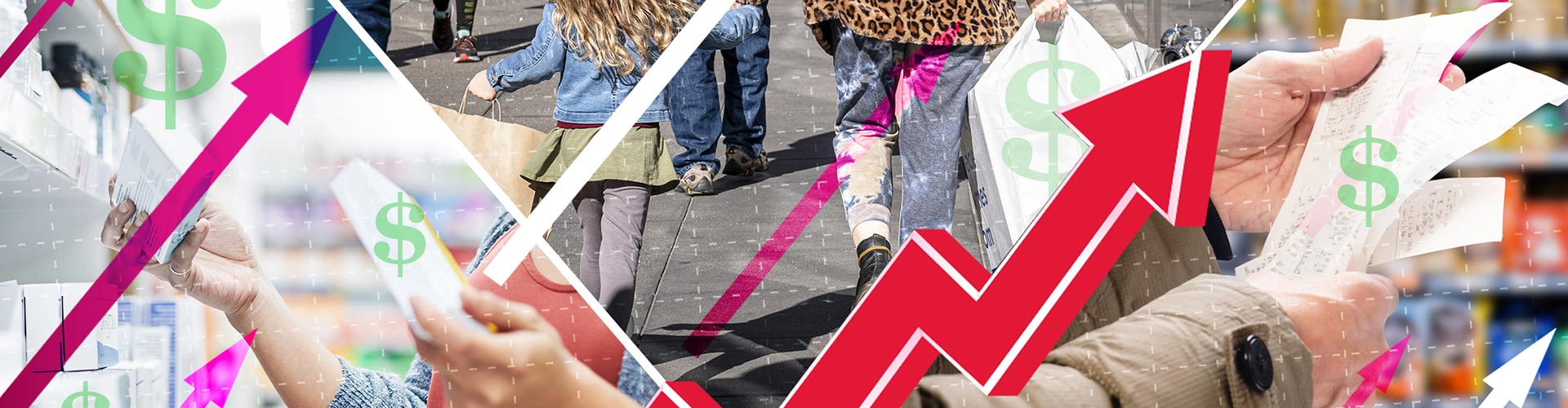 Rising Prices Everywhere Report Banner featuring upward diagonal arrows overlaid on collage of shoppers