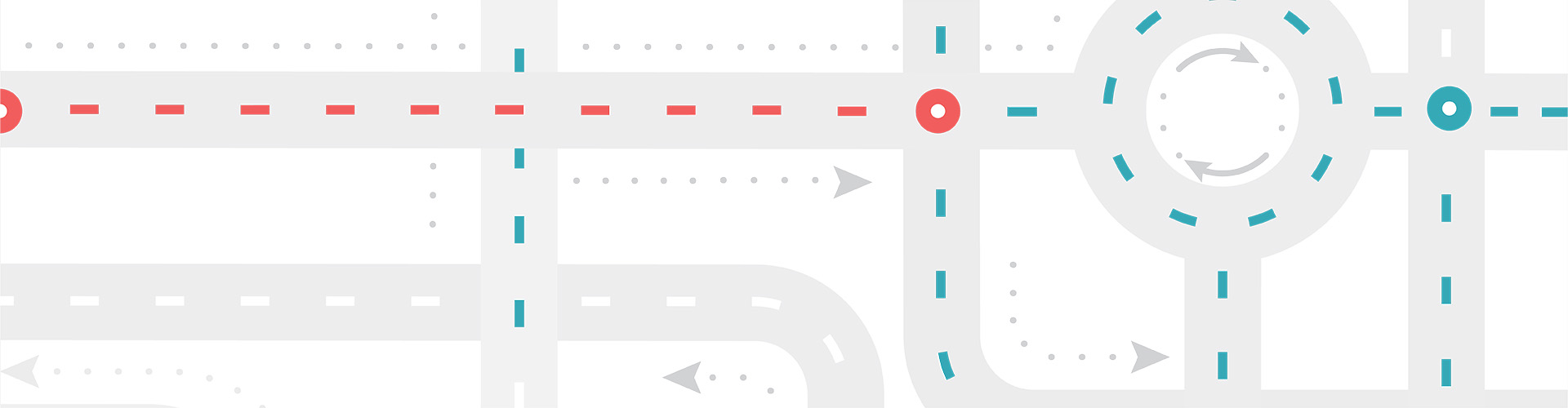 Goodbye Routine! Hello New Trips! Banner featuring illustrated roads with diverging paths shown in red and blue
