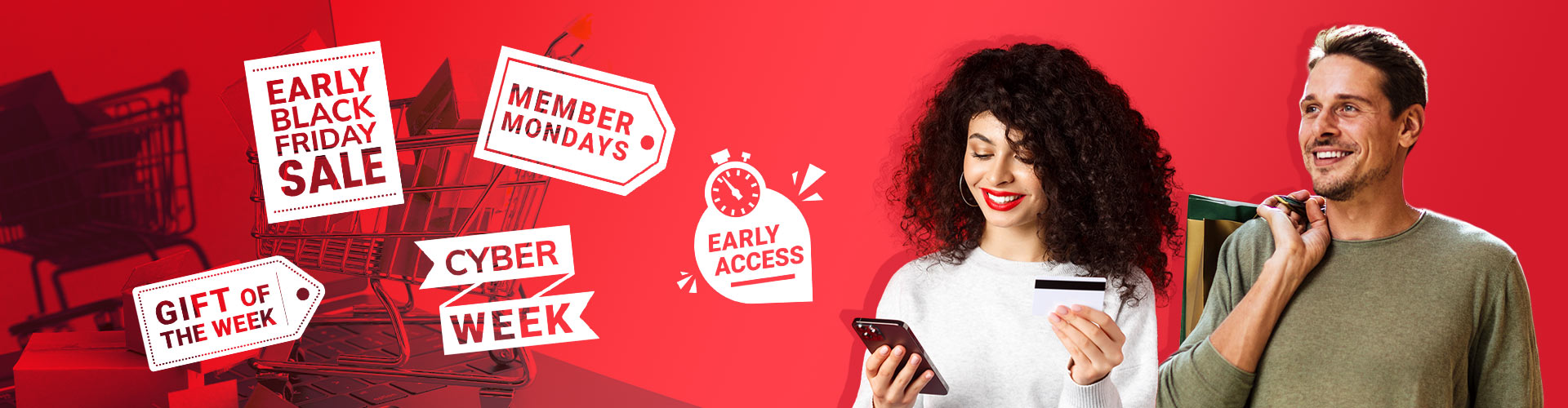 Blog banner featuring red background with female and male shoppers smiling with several shopping deal coupons floating around them