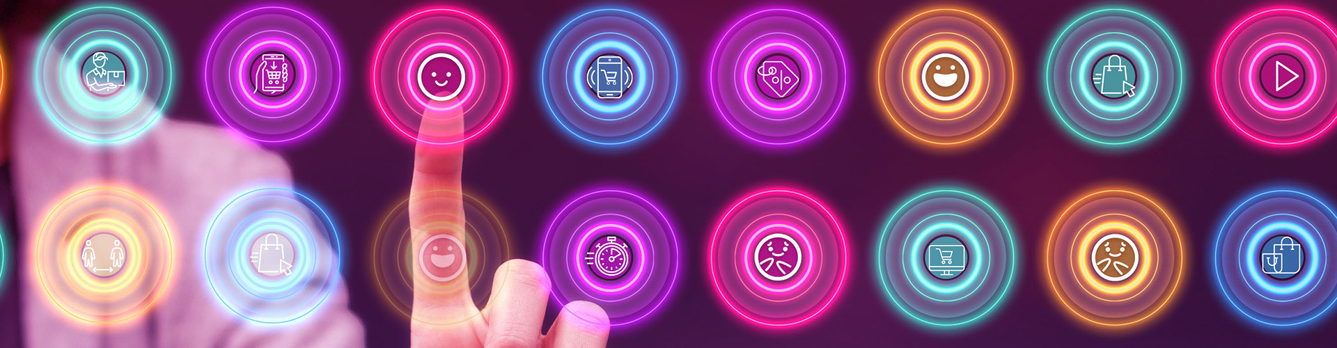 My Random Shopping Life Report Banner featuring person touching colorful overlaid buttons on a screen