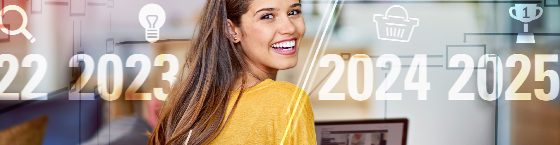 Planned Disruption report banner featuring young woman on laptop smiling and looking back at the viewer with overlay of passing years and positive planning icons