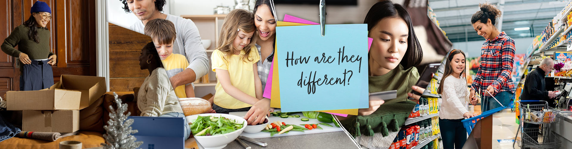 Consumer vs Shopper blog banner featuring collage of consumers on the left and shoppers on the right