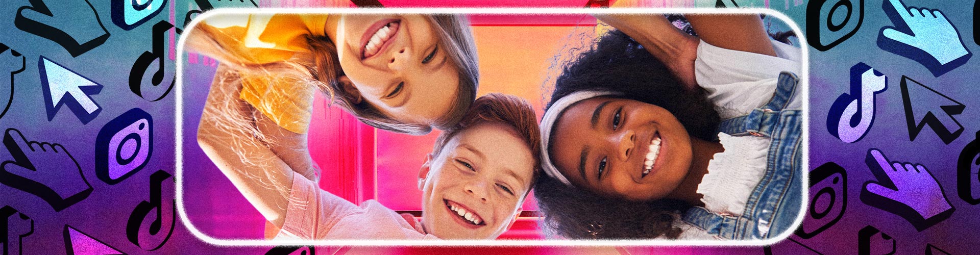 Clicks to Bricks Retail Safari banner featuring smartphone frame of three Gen Alpha kids with mouse click and social media icons outside the border