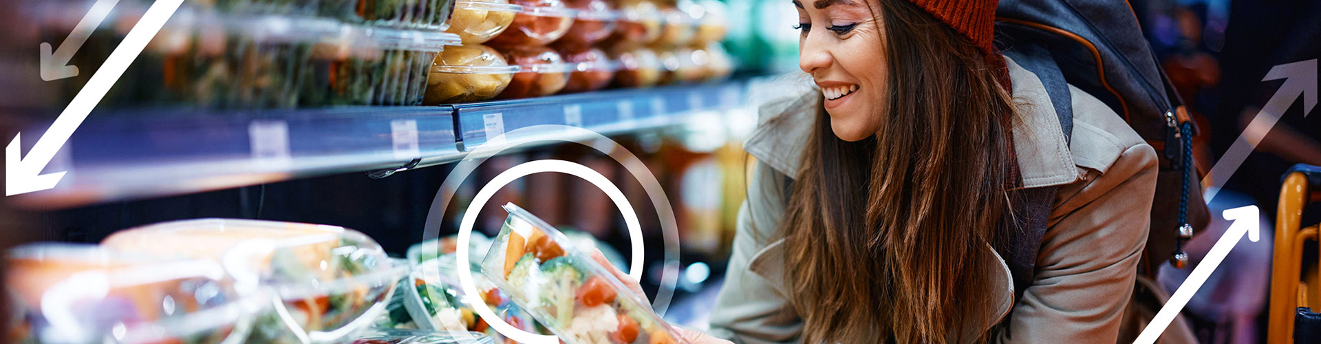 Easy Shopping Retail Safari Banner featuring smiling woman browsing pre-made store meals