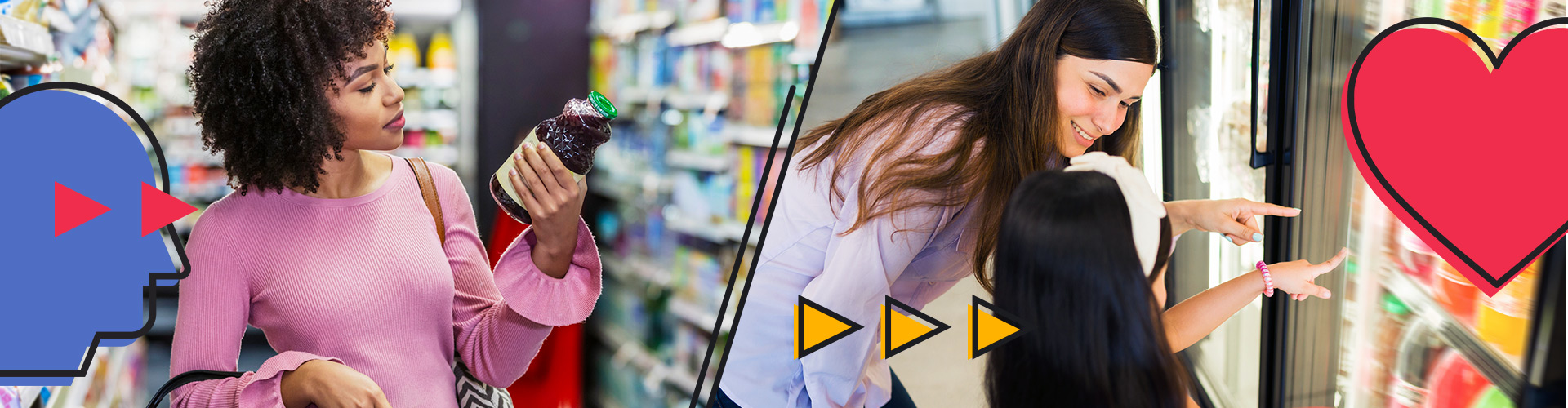 Blog banner featuring one side with a woman selecting juice and the other side with a young mother consulting her daughter on soda