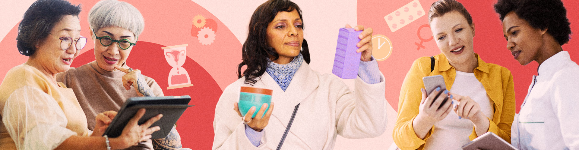 Health for Women blog banner featuring older women browsing in store and online feminine products
