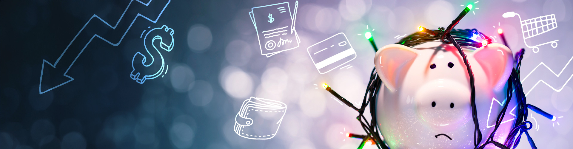 Blog banner featuring frowning piggy bank tied in string lights with financial icons in background