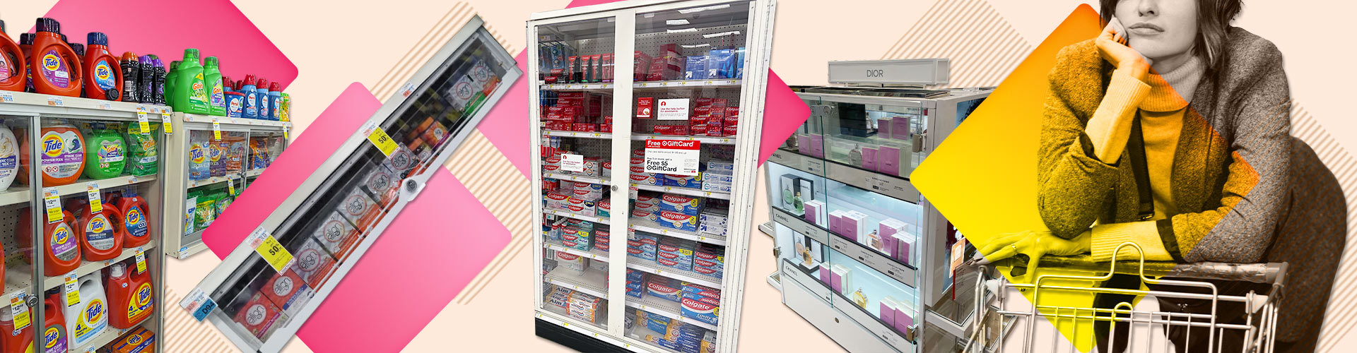 Shoppers Face Locked Up Goods blog banner featuring collage of locked product cases and an impatient customer leaning on a shopping cart