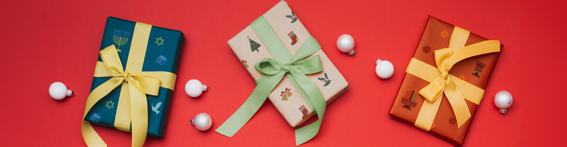 Unwrapping Holiday Retail Innovation, Now! banner featuring gifts in wrap representing Hanukkah, Christmas, and Kwanzaa