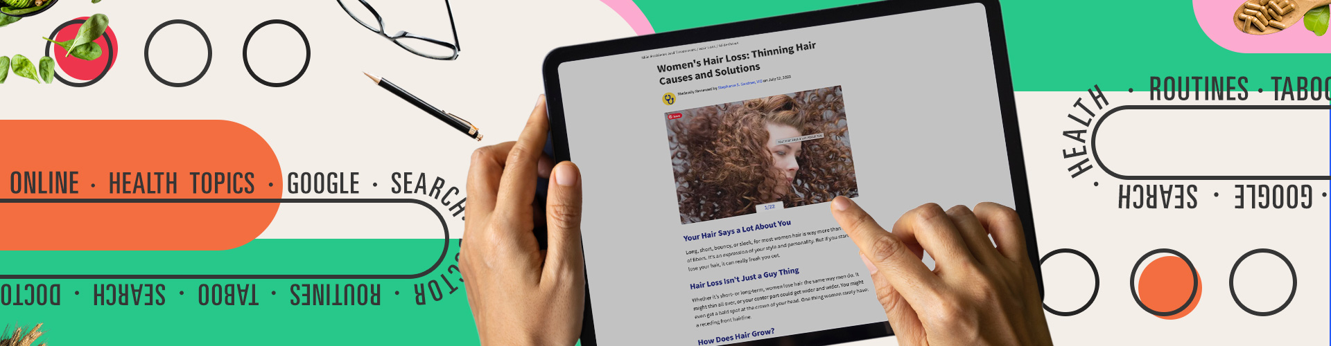 The New Journey to Wellness – A Retail Opportunity main banner featuring person looking up hair loss info on a tablet