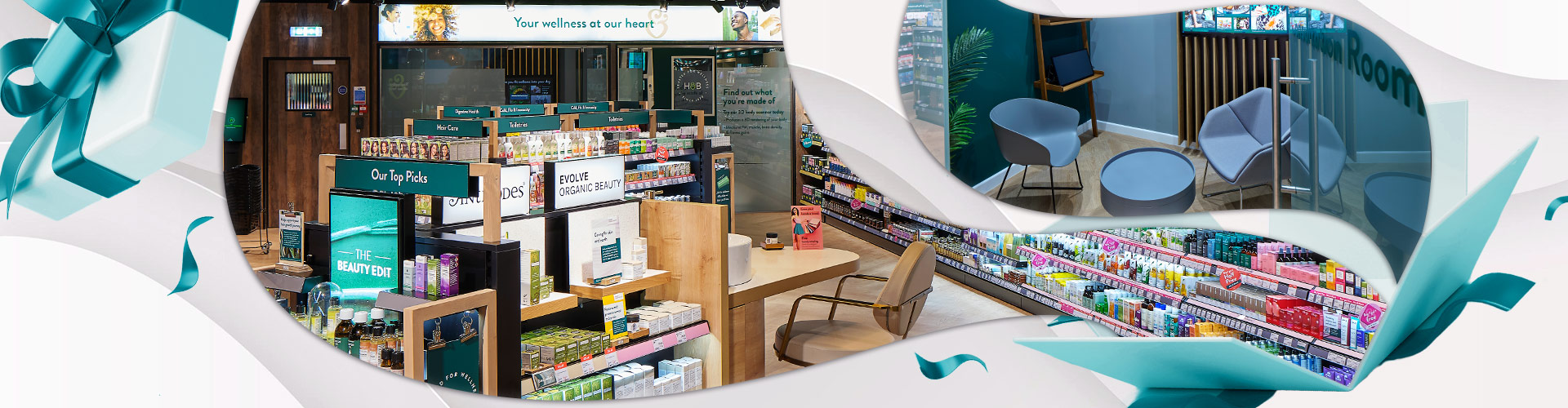 Can Pharmacies Bring Back the Magic blog main banner with images of Holland & Barrett store and consultation room flowing out of open gift box