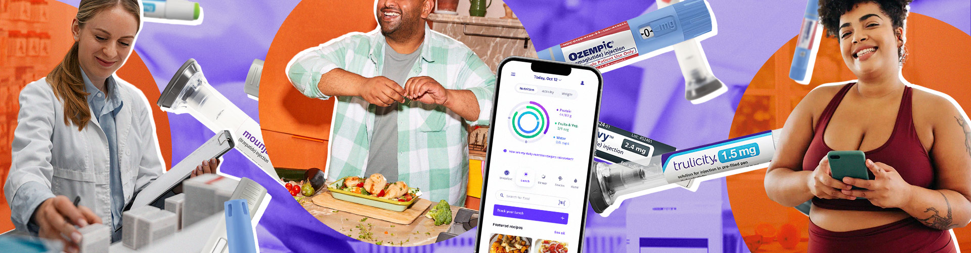 GLP-1 Nutrition blog main banner featuring pharmacist, medications, and people using weight loss apps
