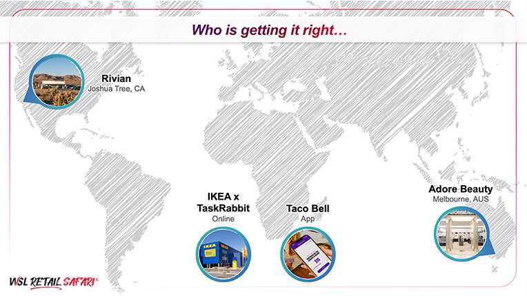 Retail-Safari-Newsletter_Mar-2025_Sample March Retail Safari® newsletter sample slide featuring Rivian, IKEA, Taco Bell, and Adore Beauty on a world map