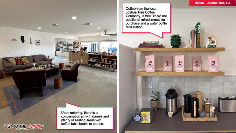 Retail-Safari-Newsletter_Mar-2025_Sample2 March Retail Safari® newsletter sample slide featuring Rivian's indoor waiting area and coffee products