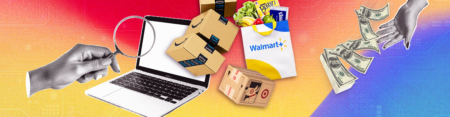 Blog banner featuring halftone hand with magnifying glass over a laptop screen. Amazon, Target, and Walmart+ deliveries are floating out of the screen. The top right corner has another halftone hand with dollar bills dropping out of it.