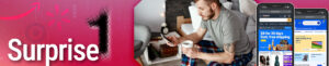 Text reads Surprise 1. Image background includes young man on his phone with a coffee at home. Amazon and Walmart on smart phones are to the right.