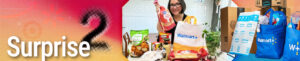 Text reads Surprise 2. Image background has middle-aged woman unpacking her Walmart+ groceries. Amazon Prime boxes and Walmart+ bags are to the right.