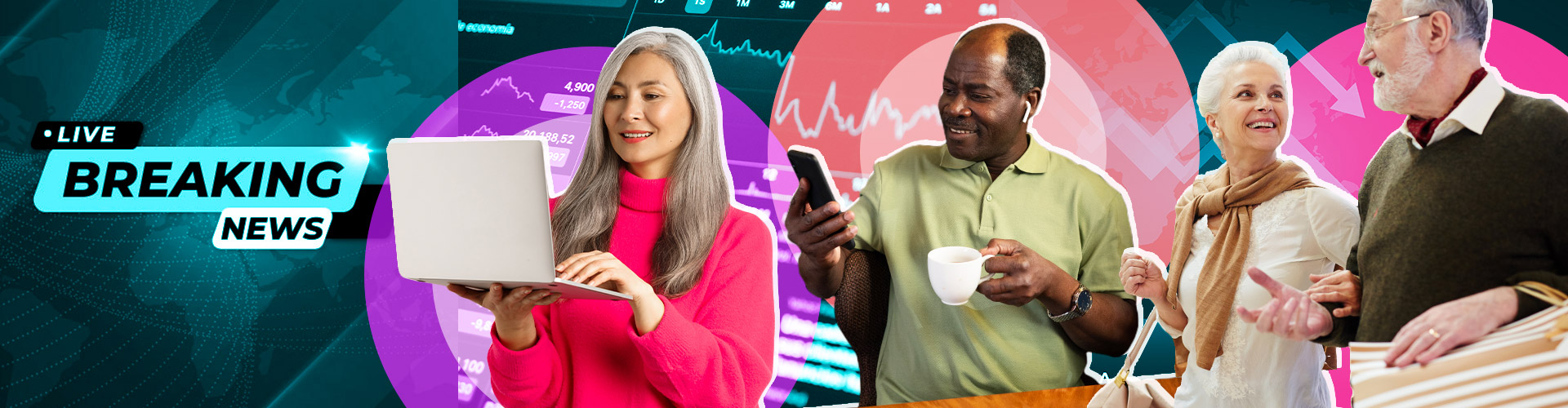 Blog banner featuring older asian woman on laptop, older black man on phone, and older couple shopping